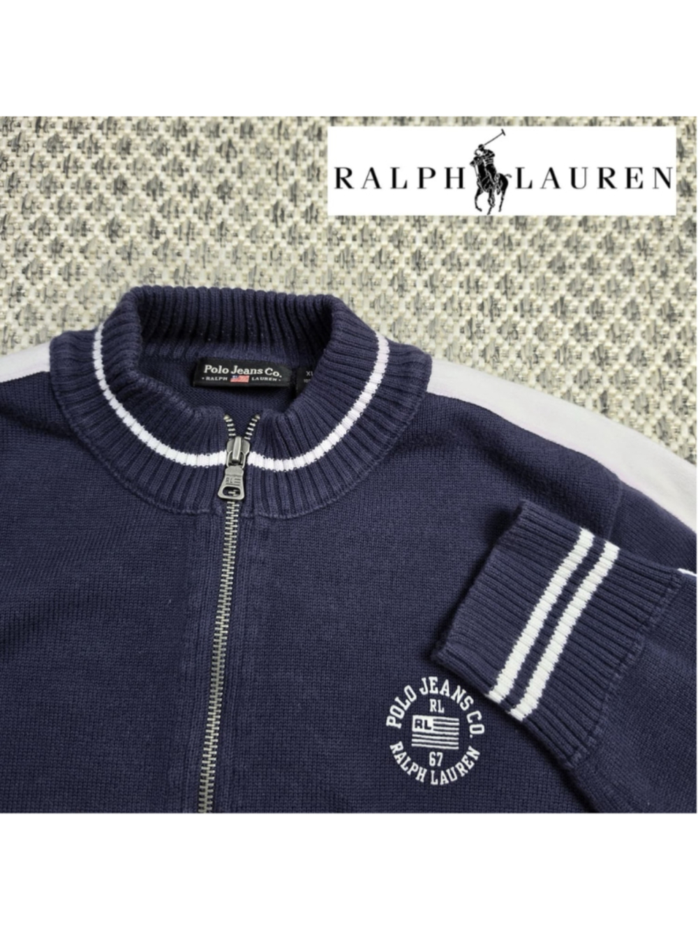 Vintage Polo Jeans Co Ralph Lauren Sweater Mens XL Full Zip Navy Blue 67 Flag